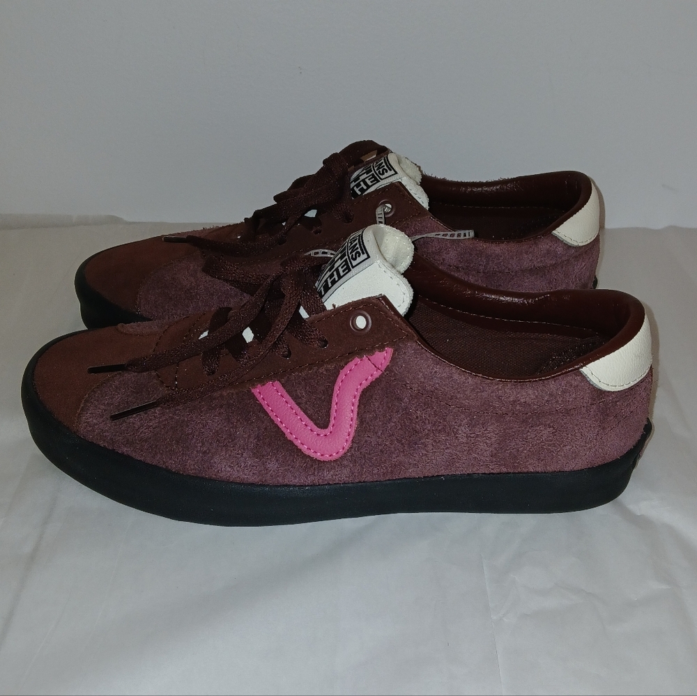 SOLD Vans Sport Low Skate Shoes Suede & Leather, Brown With Pink V-Stripe - Picture 5 of 10